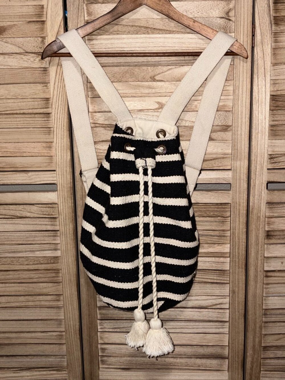 Billabong Black Cream Striped Canvas Drawstring Backpack Purse Tassel Trim | 15x
